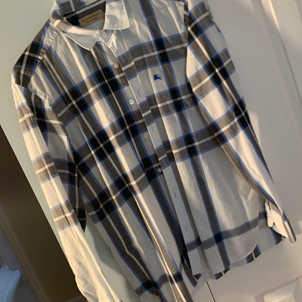 Burberry White, Black & Blue Plaid Button-Up Shirt